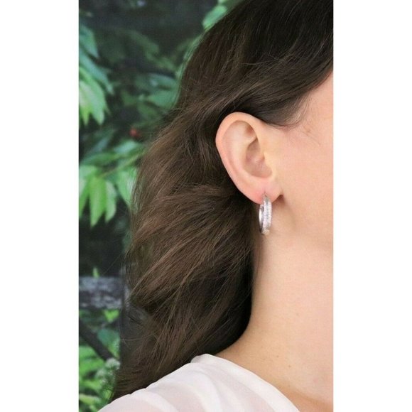 Sterling Silver Ribbed Hollow Design Earrings Hoop Earrings  One Inch - Picture 3 of 8